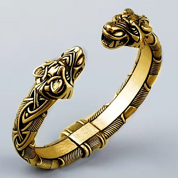 Gold Wolf Head Viking Norse Knotwork Cuff Bangle Bracelet - Picture 1 of 6